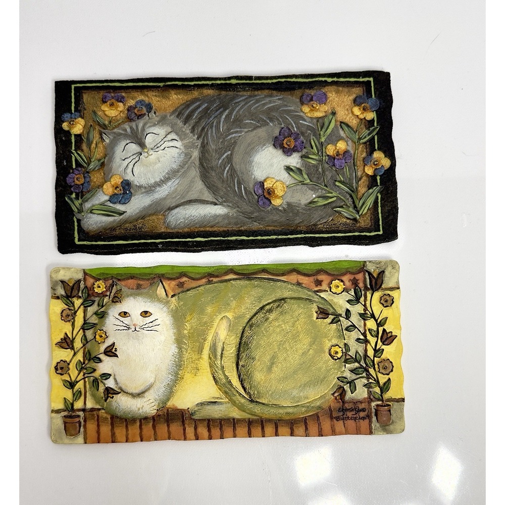 Vintage E Smithson Cozy Cat 3D Wall Art Set Of 2 Plaque Folk Art Buttercup Pansy